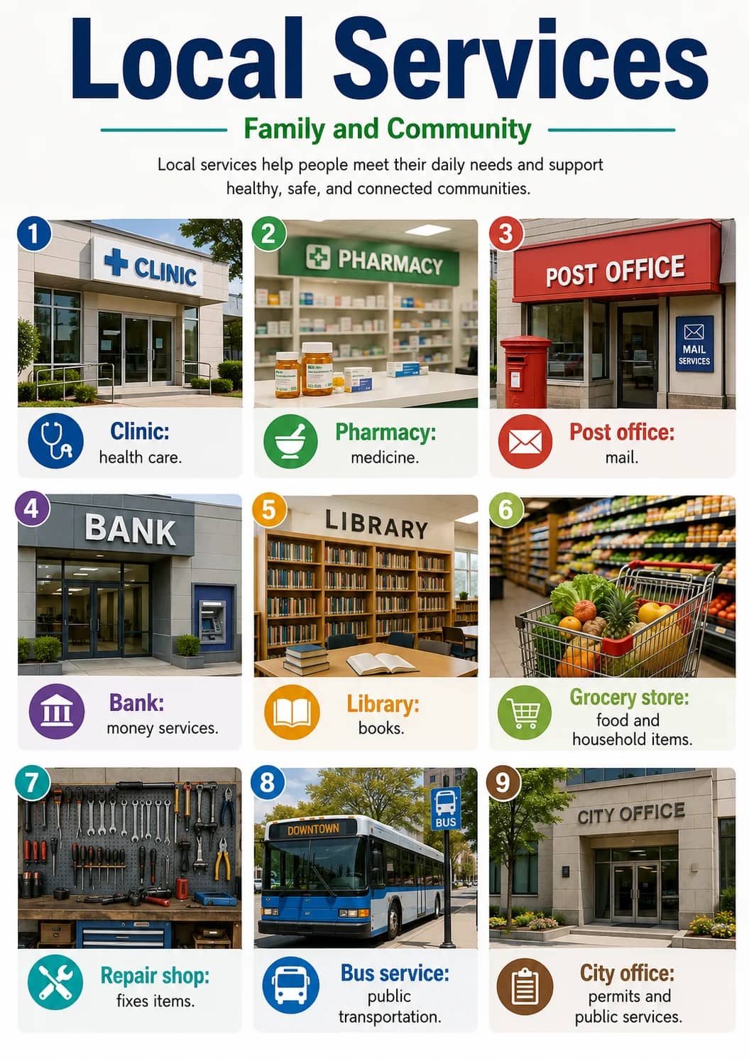 Local Services infographic poster showing Clinic:, health care., Pharmacy:, medicine. and Post office: for Family and Community.