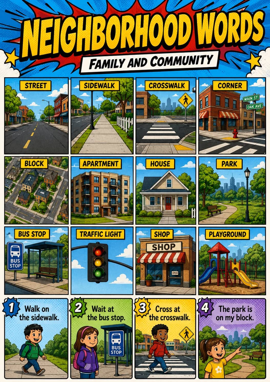 Neighborhood Words infographic poster showing NEIGHBORHOOD WORDS and FAMILY AND COMMUNITY for Family and Community.