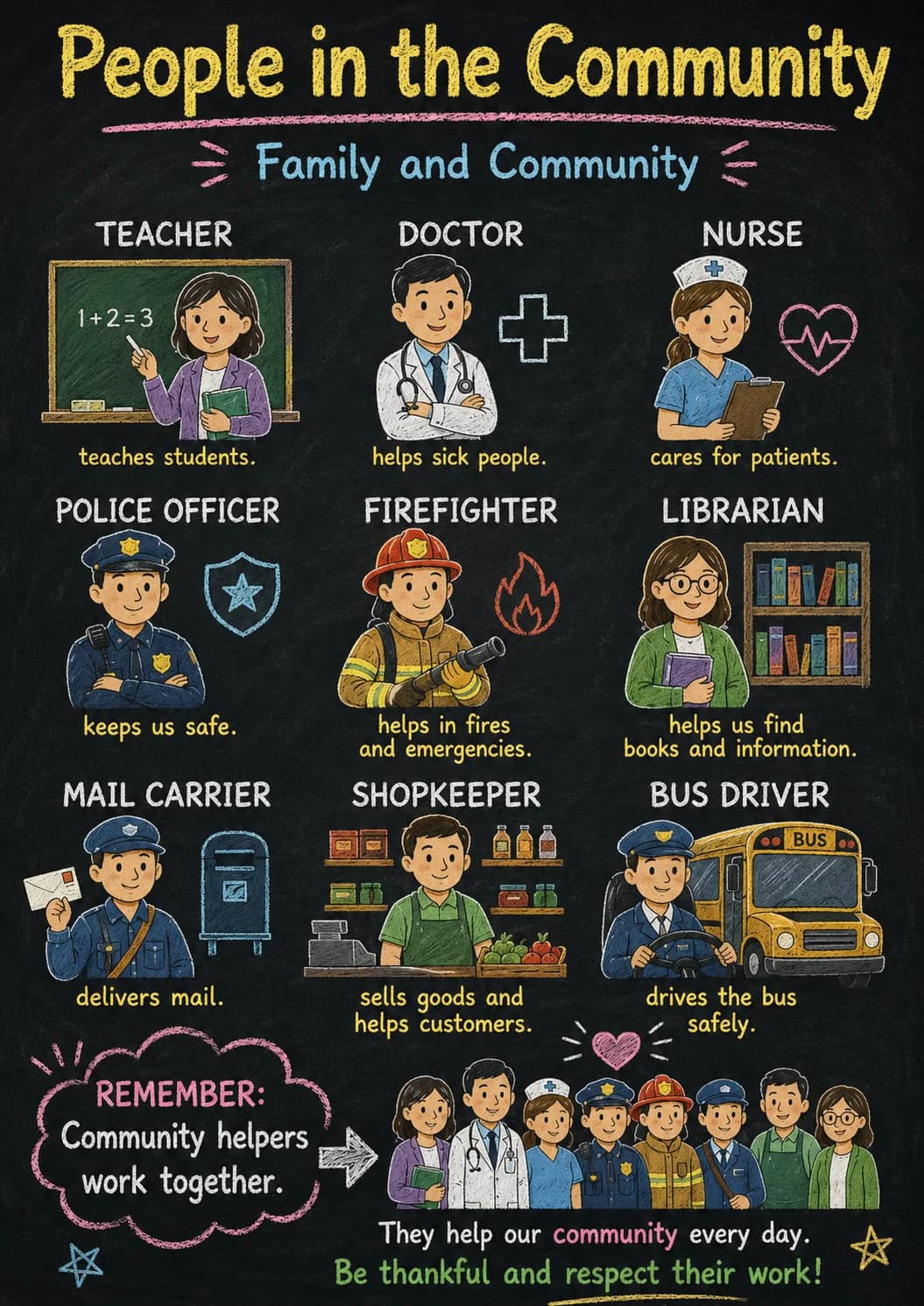 People in the Community infographic poster showing ≡ Family and Community ≡, TEACHER, teaches students., DOCTOR and helps sick people. for...