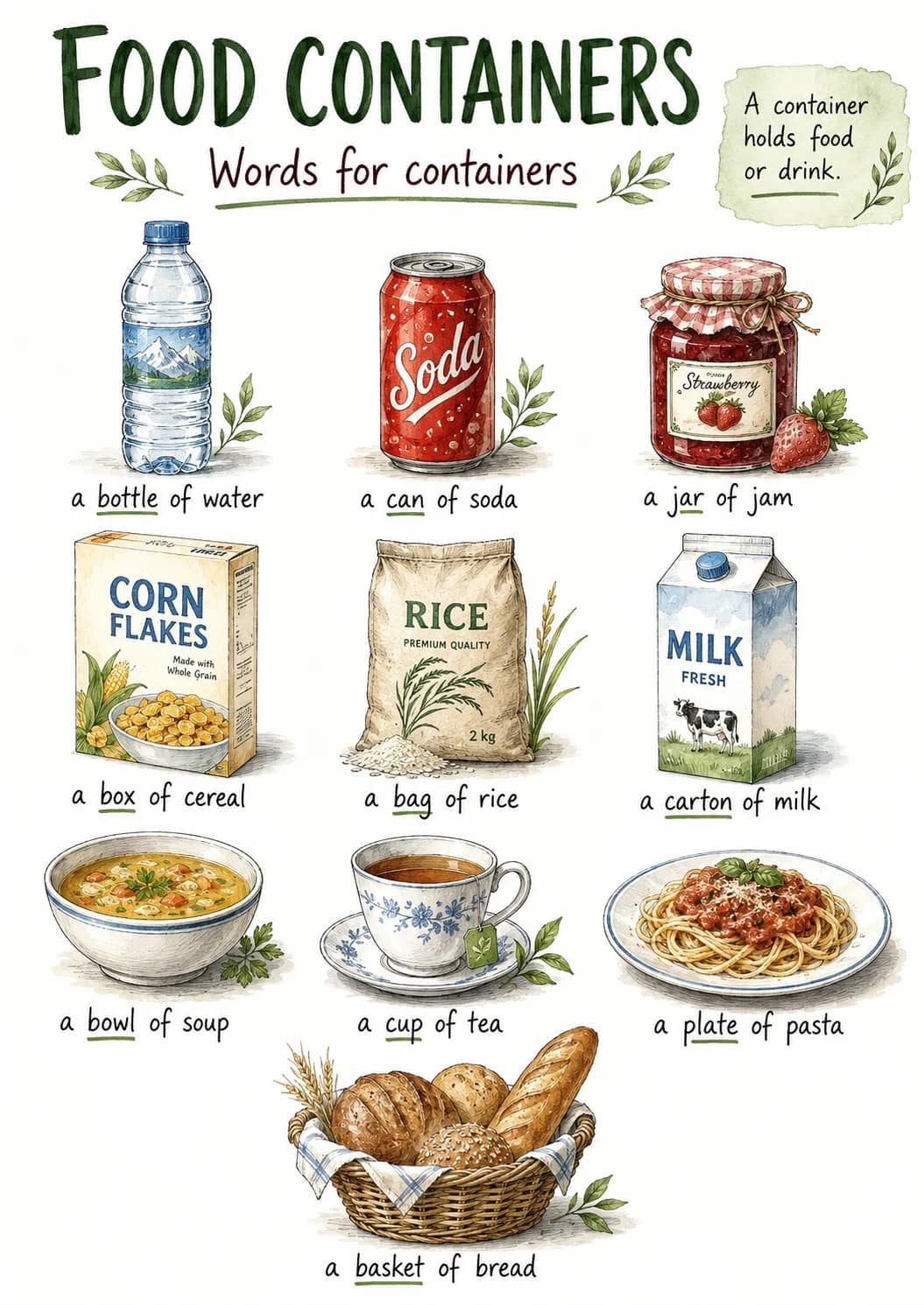 Food Containers infographic poster showing Words for containers, A container, holds food, or drink. and a bottle of water for Food.