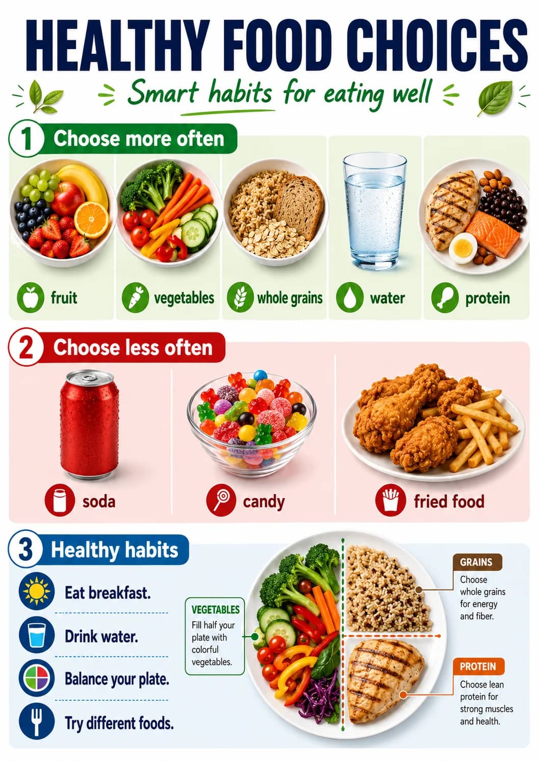 Healthy Food Choices infographic poster showing Smart habits for eating well, 1 Choose more often, fruit, vegetables and whole grains for...