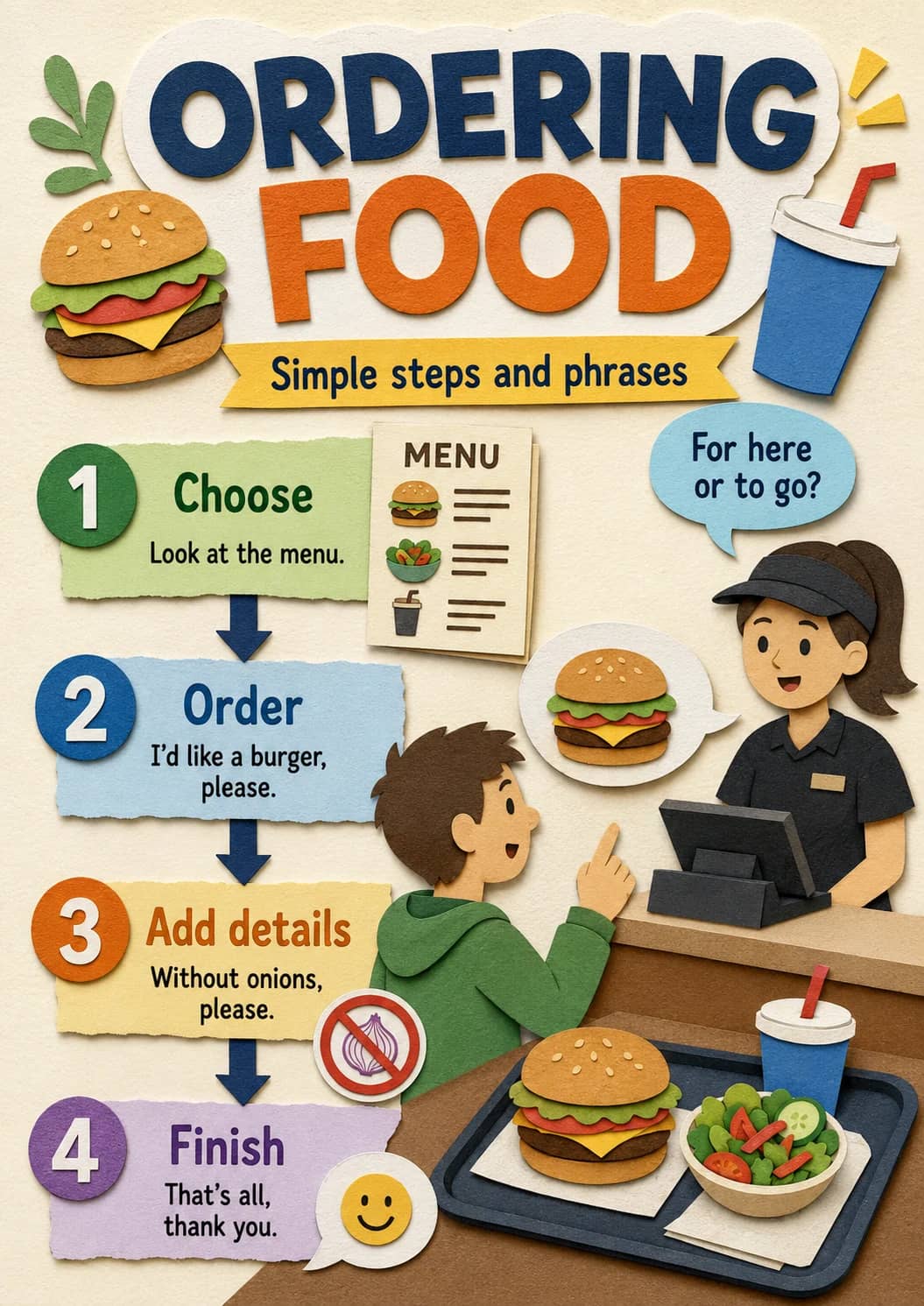 Ordering Food infographic poster showing Simple steps and phrases, Choose, Look at the menu., MENU and For here for Food.