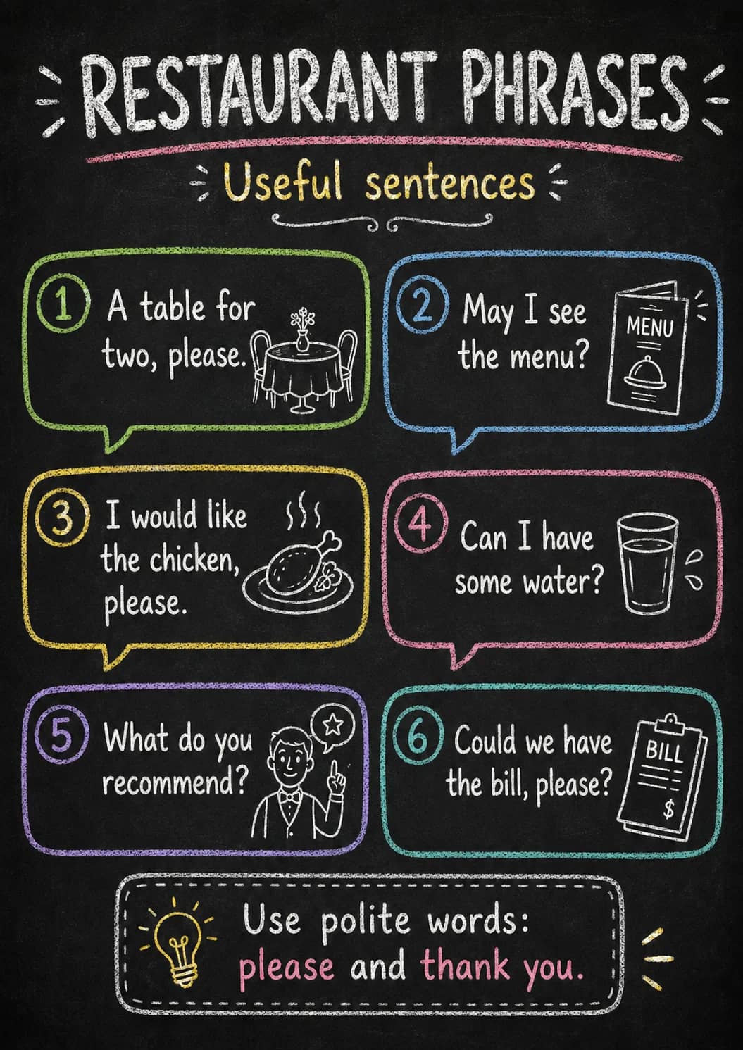 Restaurant Phrases infographic poster showing Useful sentences, 1. A table for two, please., 2. May I see the menu?, 3. I would like the...