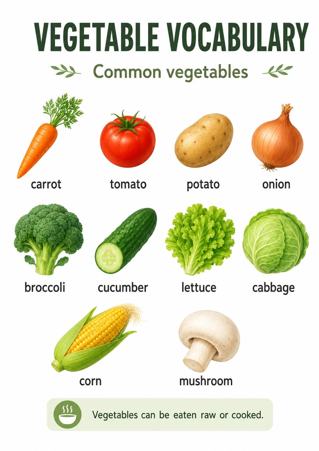 Vegetable Vocabulary infographic poster showing Common vegetables, carrot, tomato, potato and onion for Food.