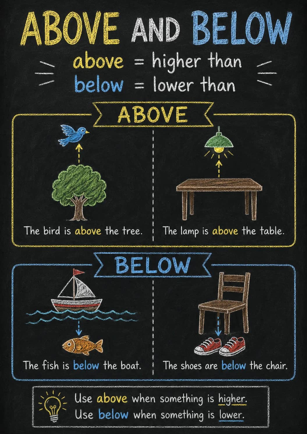 Above and Below infographic poster showing = above = higher than, = below = lower than, ABOVE, The bird is above the tree. and The lamp is...
