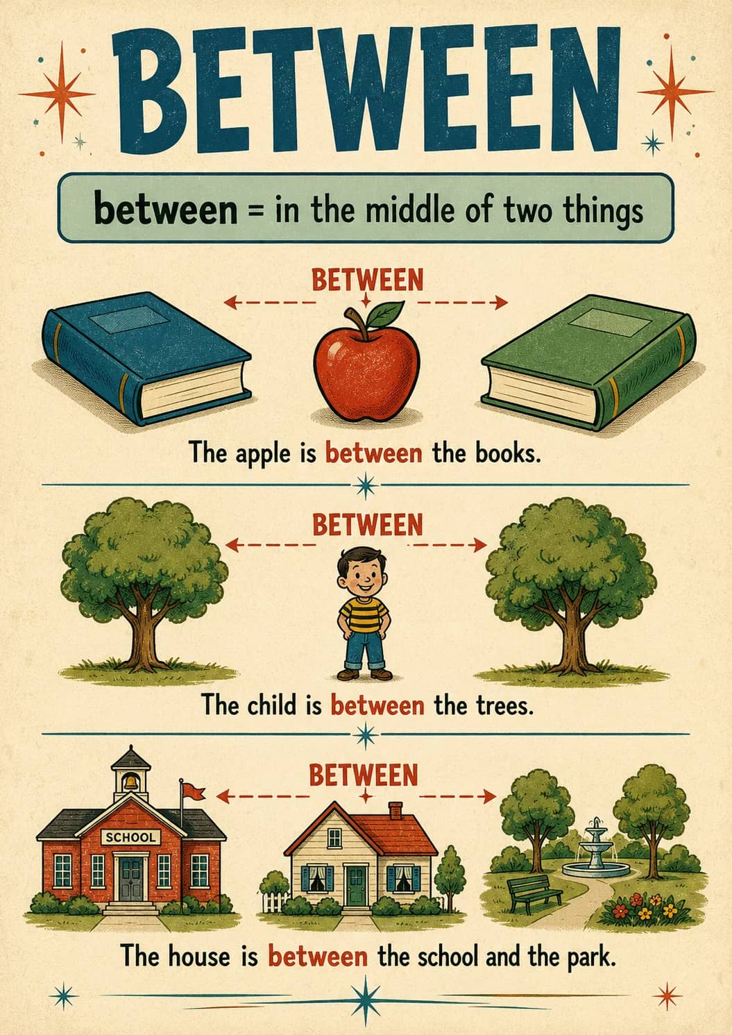 Between infographic poster showing between = in the middle of two things, The apple is between the books., The child is between the trees....