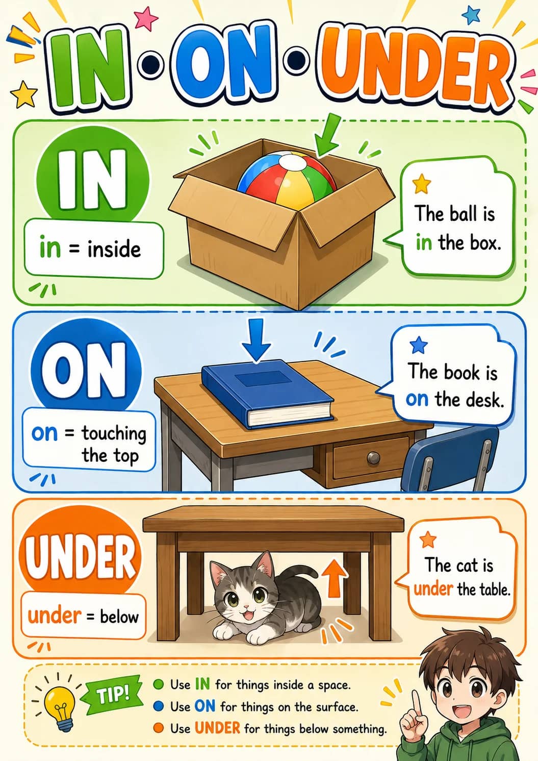 In on Under infographic poster showing IN, in = inside, The ball is, in the box. and ON for Prepositions.