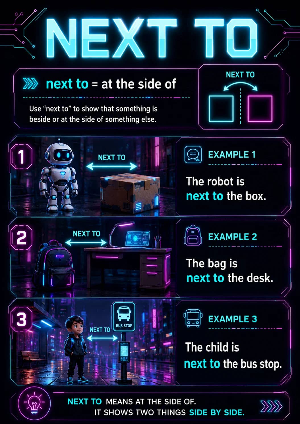 Next to infographic poster showing next to = at the side of, Use “next to” to show that something is beside or at the side of something...