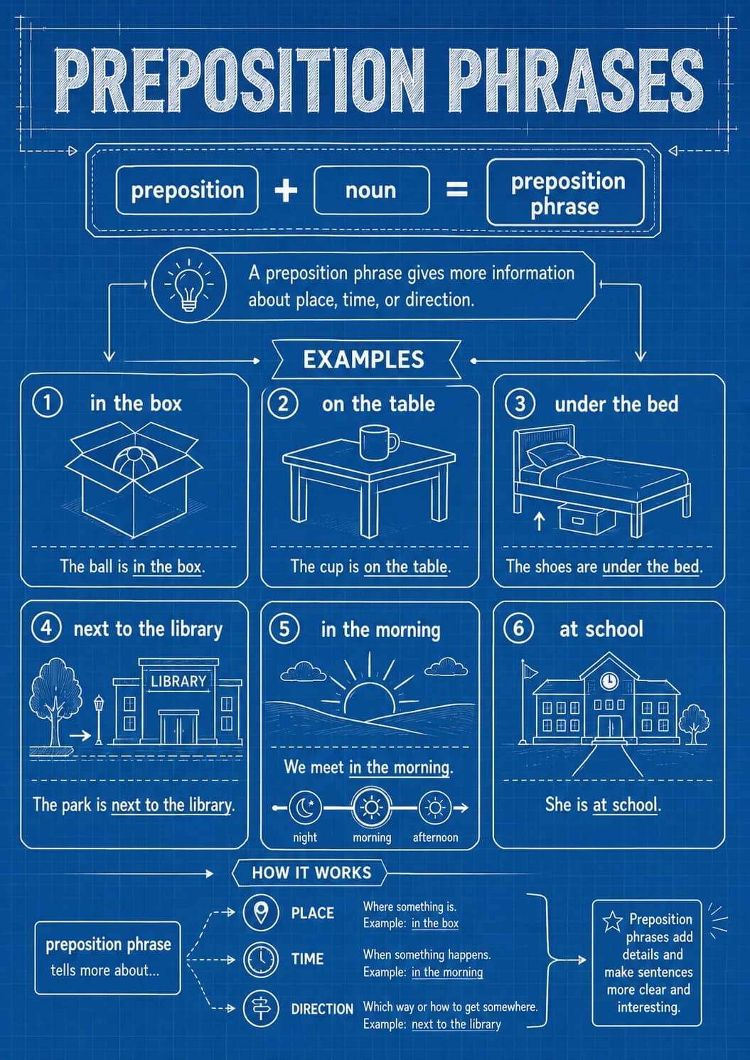 Preposition Phrases infographic poster showing preposition, noun, preposition phrase, A preposition phrase gives more information about...