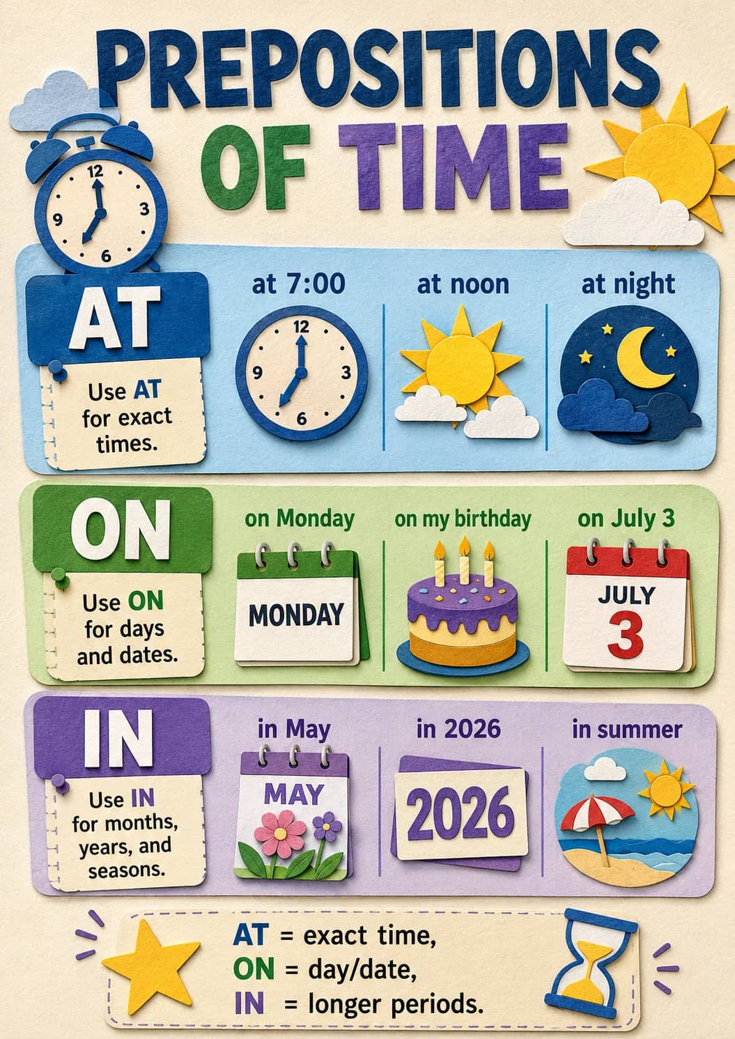 Prepositions infographic poster showing OF TIME, AT, Use AT for exact times., at 7:00 and at noon for Prepositions.