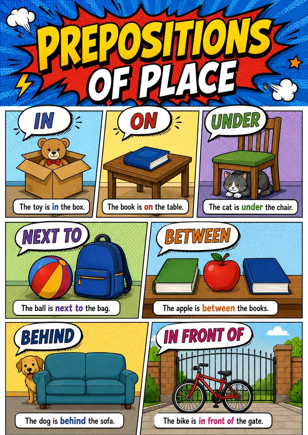 Prepositions of Place infographic poster showing IN, The toy is in the box., ON, The book is on the table. and UNDER for Prepositions.