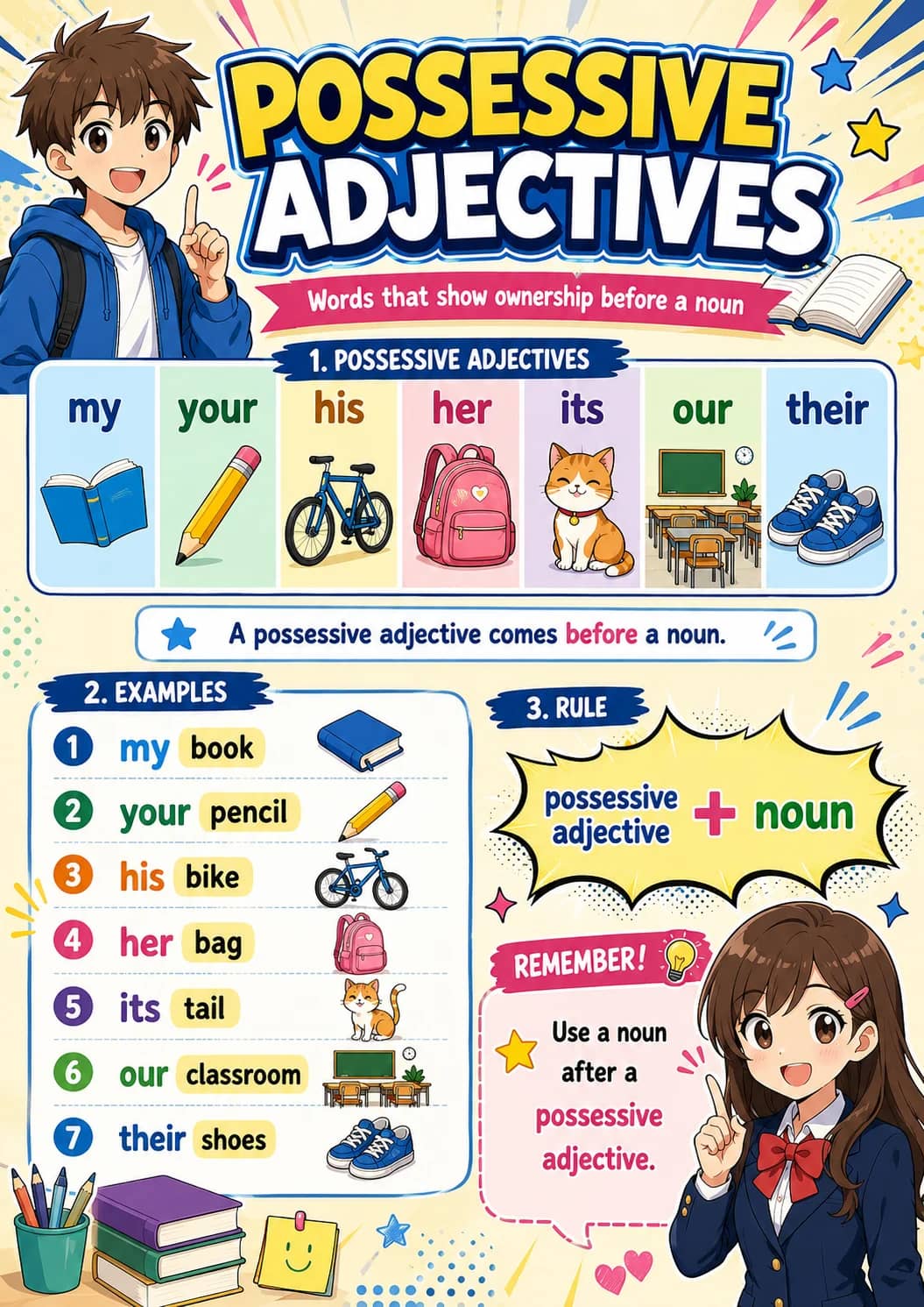 Possessive Adjectives infographic poster showing Words that show ownership before a noun, 1. POSSESSIVE ADJECTIVES, my, your and his for...