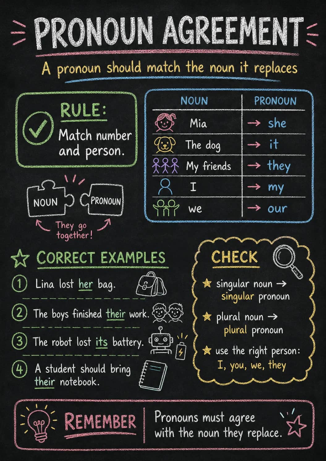 Pronoun Agreement infographic poster showing A pronoun should match the noun it replaces, RULE:, Match number and person., NOUN PRONOUN...