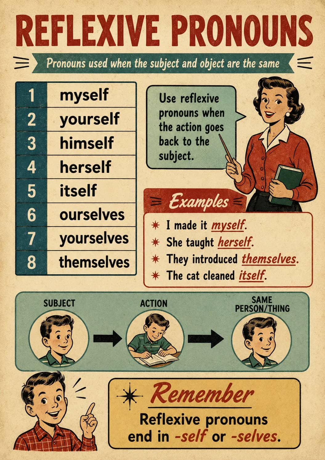 Reflexive Pronouns infographic poster showing Pronouns used when the subject and object are the same, 1 myself, --- ---, 2 yourself and 3...