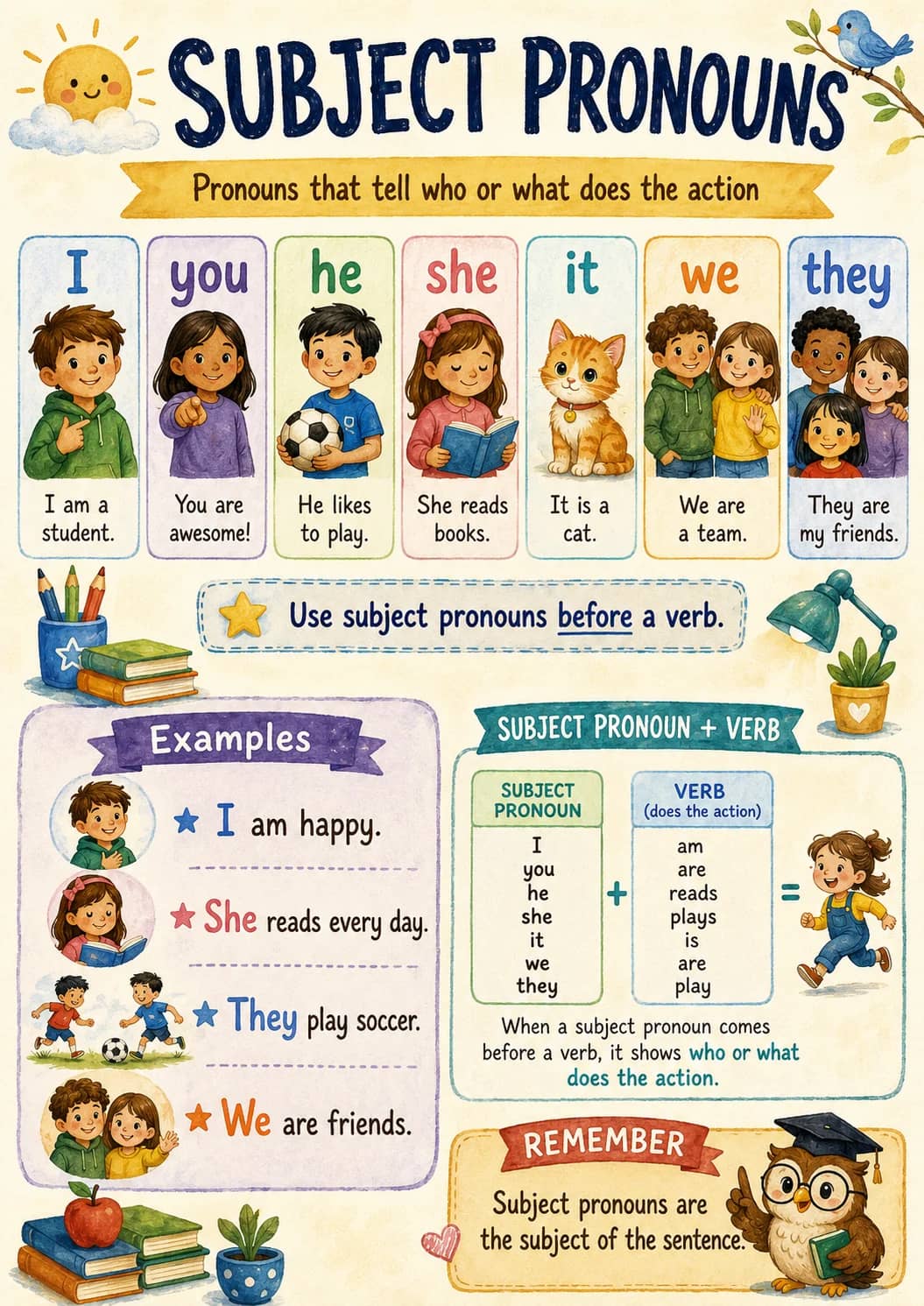 Subject Pronouns infographic poster showing Pronouns that tell who or what does the action, I am a student., you, You are awesome! and he...