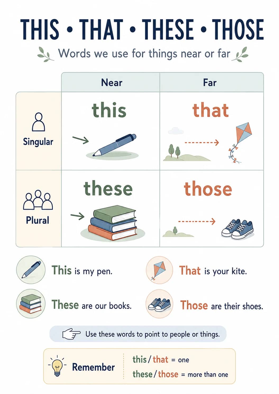 This • That • These • Those infographic poster showing Words we use for things near or far, Near Far, --- --- ---, Singular this that and...