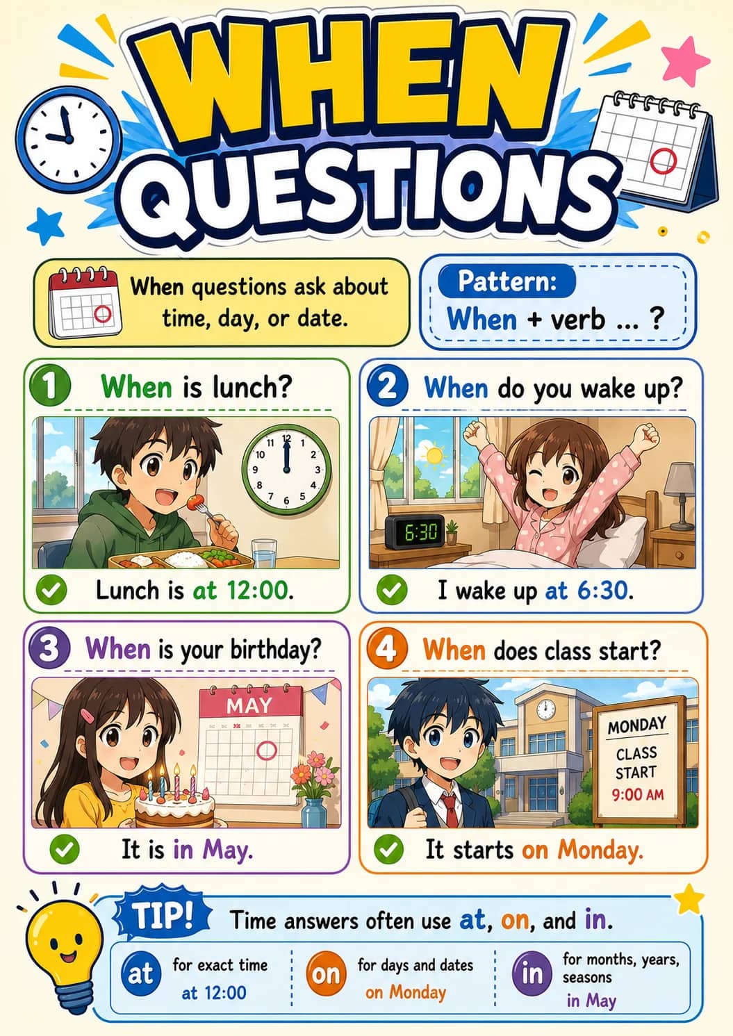 When questions infographic poster showing When questions ask about time, day, or date., Pattern:, When + verb ... ?, 1 When is lunch? and...