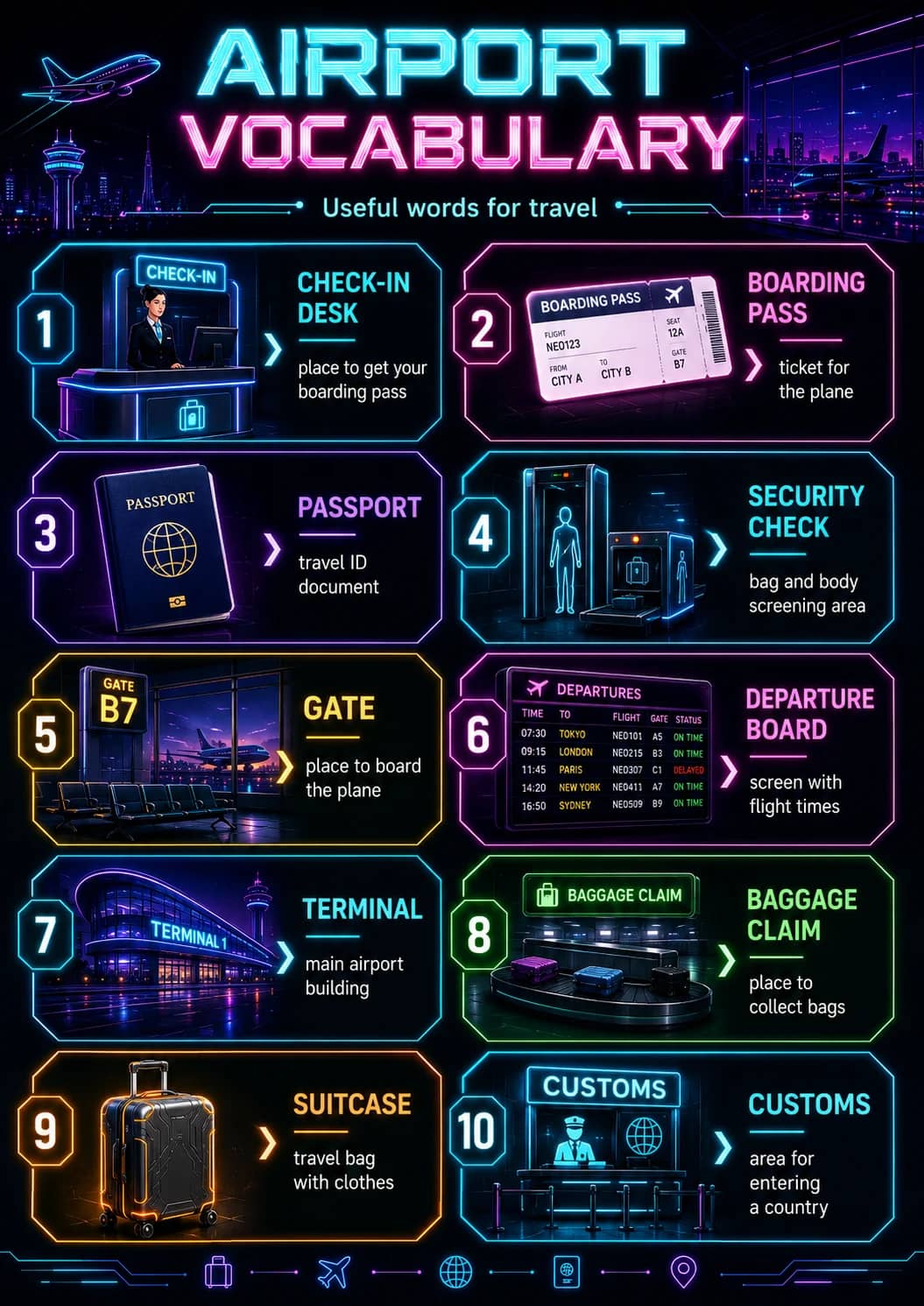 Airport Vocabulary infographic poster showing Useful words for travel, CHECK-IN DESK, place to get your boarding pass, BOARDING PASS and...