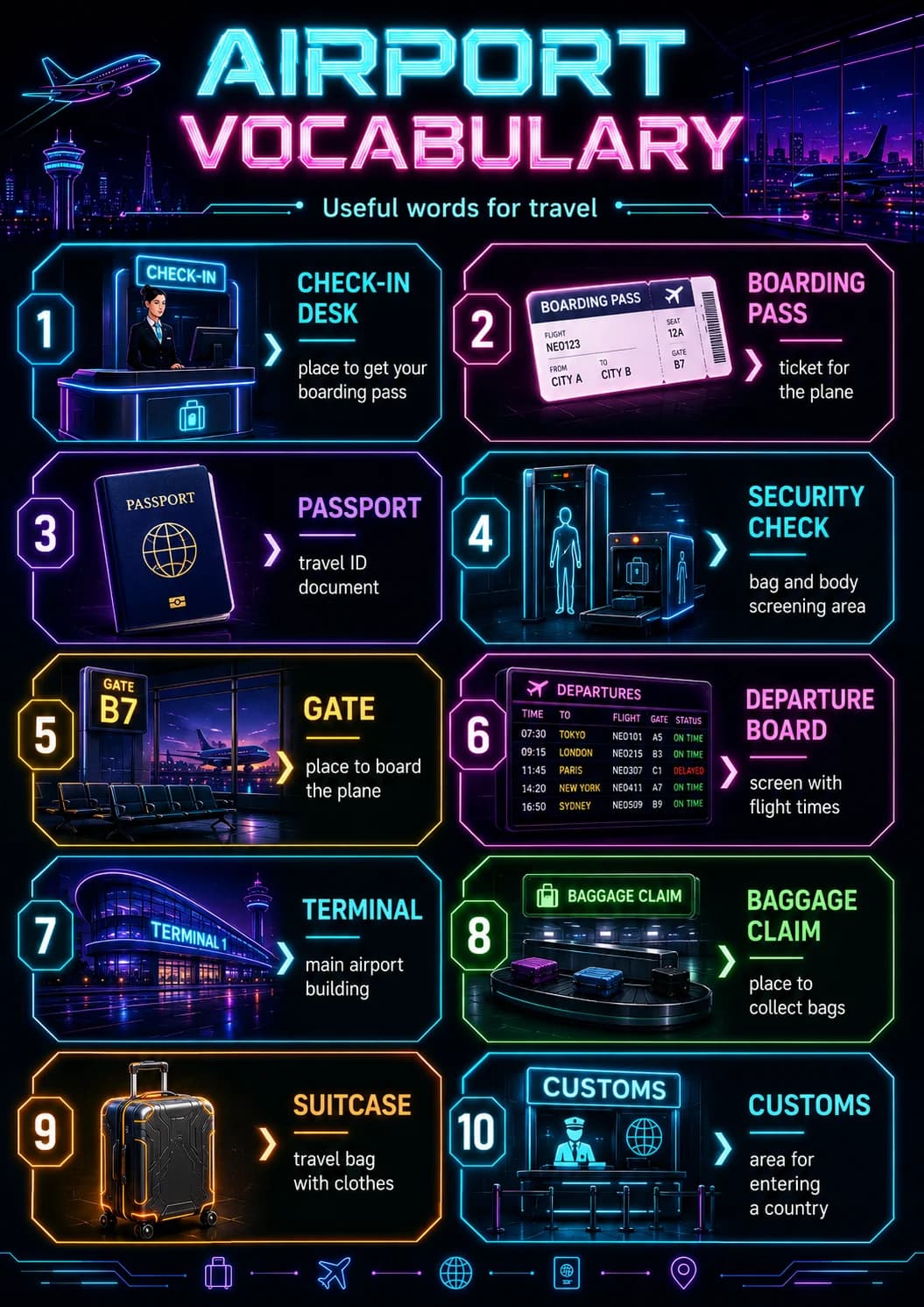 Airport Vocabulary infographic poster showing Useful words for travel, CHECK-IN DESK, place to get your boarding pass, BOARDING PASS and...
