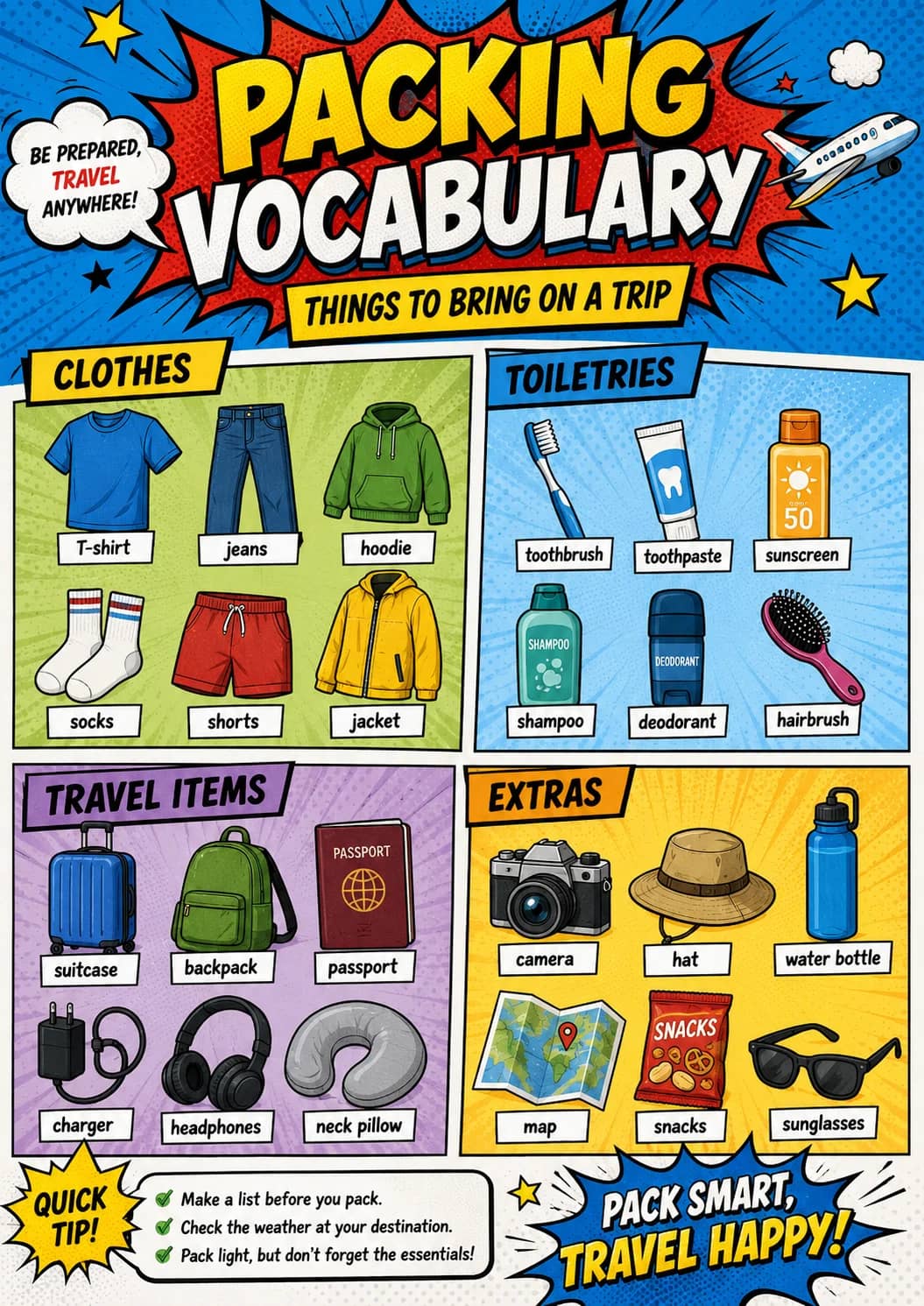 Be Prepared, infographic poster showing ANYWHERE!, PACKING, VOCABULARY, THINGS TO BRING ON A TRIP and CLOTHES for Travel.