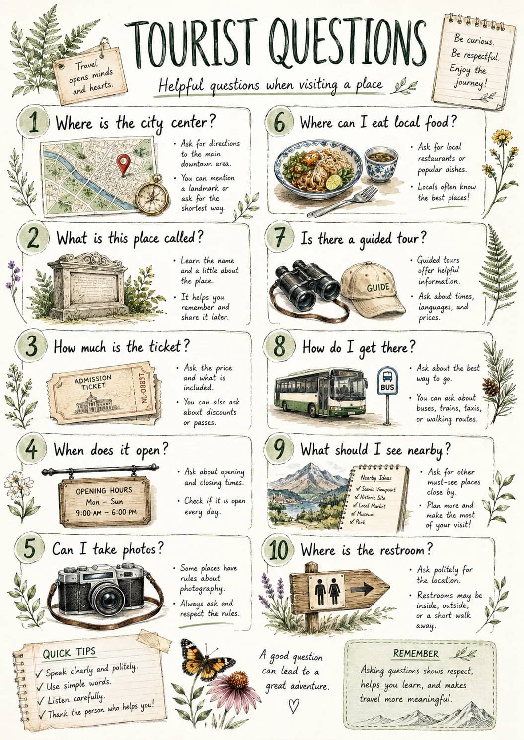 Tourist Questions infographic poster showing Travel opens minds and hearts., Helpful questions when visiting a place, Be curious., Be...