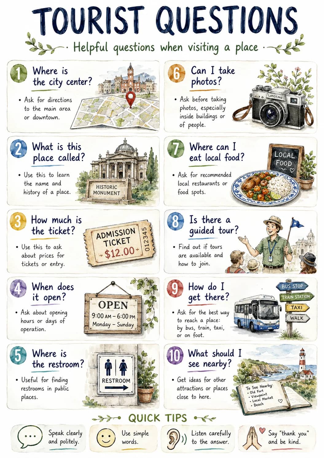 Tourist Questions infographic poster showing Helpful questions when visiting a place, 1 Where is the city center?, - Ask for directions to...