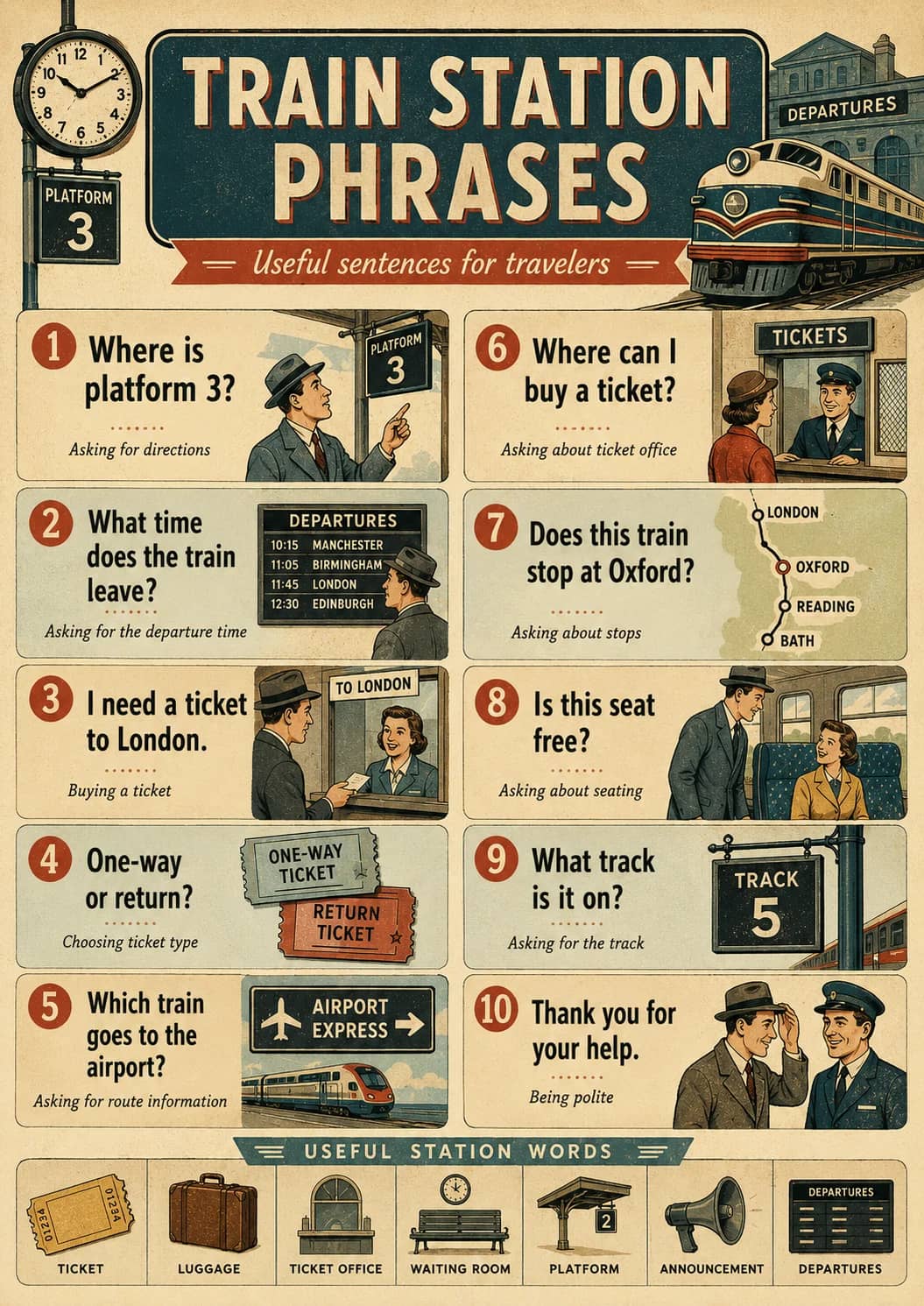 Train Station Phrases infographic poster showing — Useful sentences for travelers —, 1 Where is platform 3?, Asking for directions, 2 What...