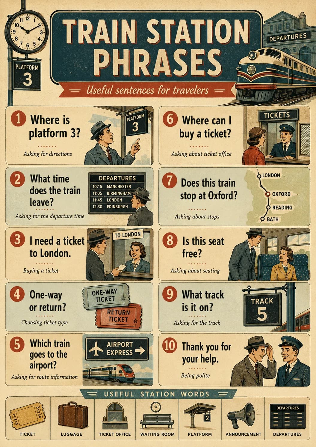 Train Station Phrases infographic poster showing — Useful sentences for travelers —, 1 Where is platform 3?, Asking for directions, 2 What...