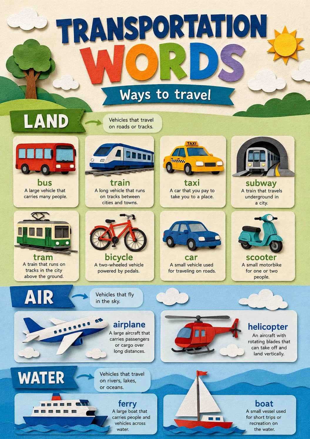 Transportation infographic poster showing WORDS, Ways to travel, LAND, Vehicles that travel on roads or tracks. and bus for Travel.