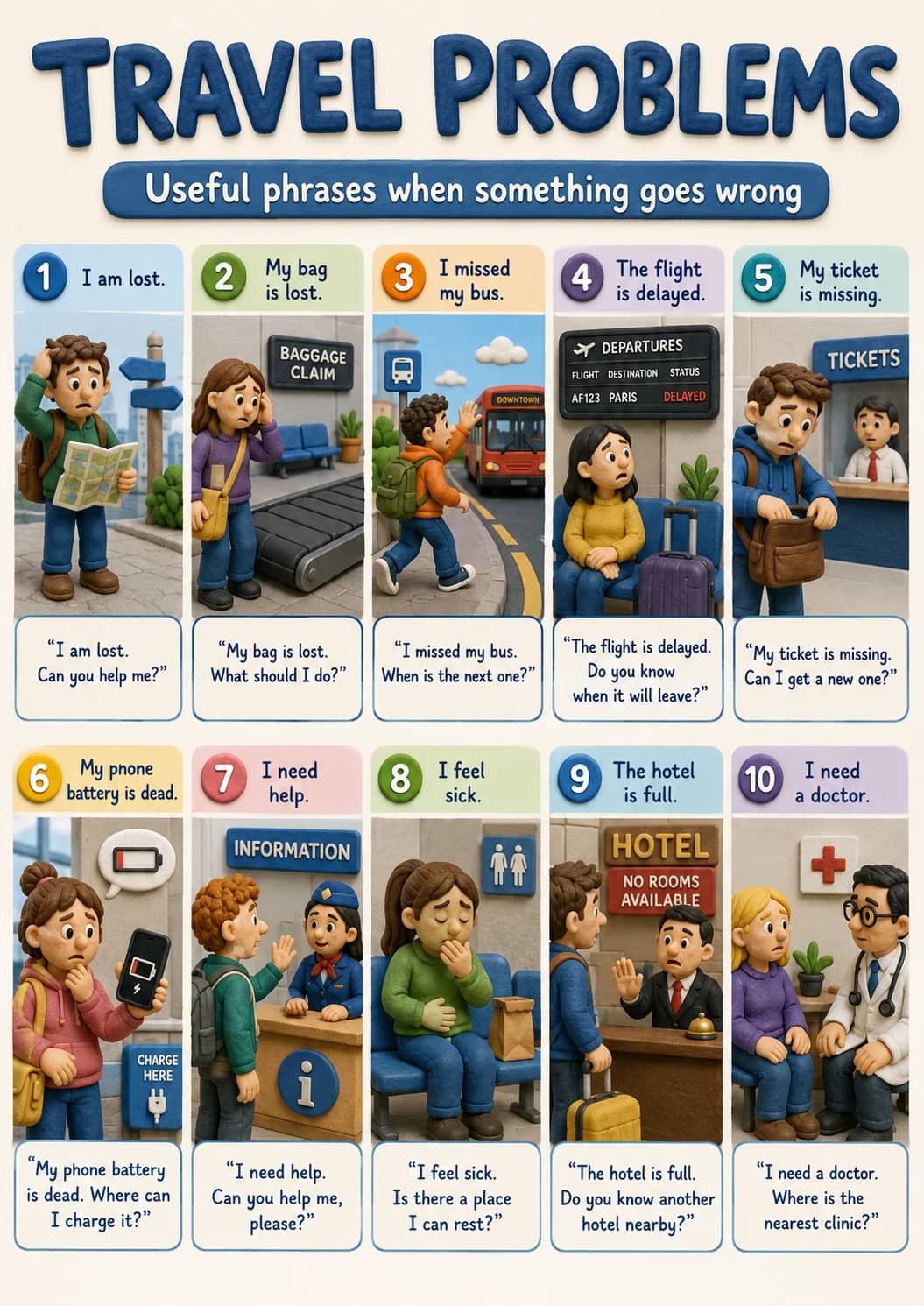 Travel Problems infographic poster showing Useful phrases when something goes wrong, 1 I am lost., "I am lost., Can you help me?" and 2 My...