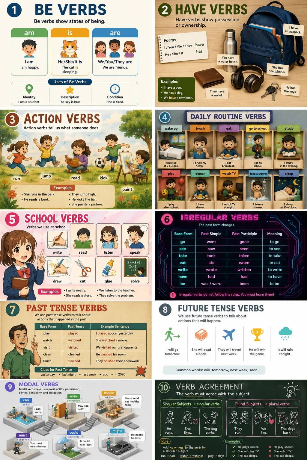1 Be Verbs infographic poster showing Be verbs show states of being., am, I am, I am happy. and is for Verbs.