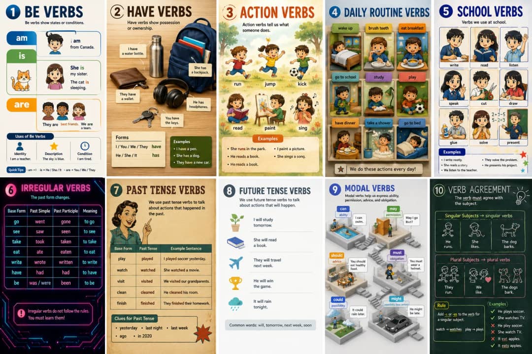 2 Have Verbs infographic poster showing 1 BE VERBS, Be verbs show states or conditions., am, is and She is my sister. for Verbs.