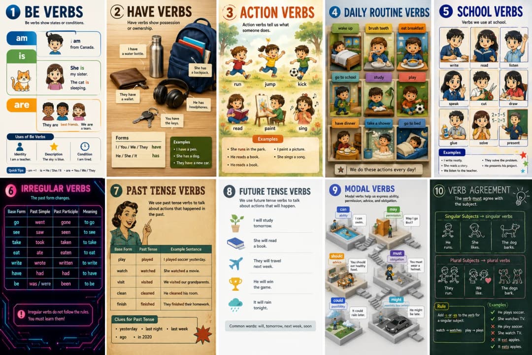 2 Have Verbs infographic poster showing 1 BE VERBS, Be verbs show states or conditions., am, is and She is my sister. for Verbs.