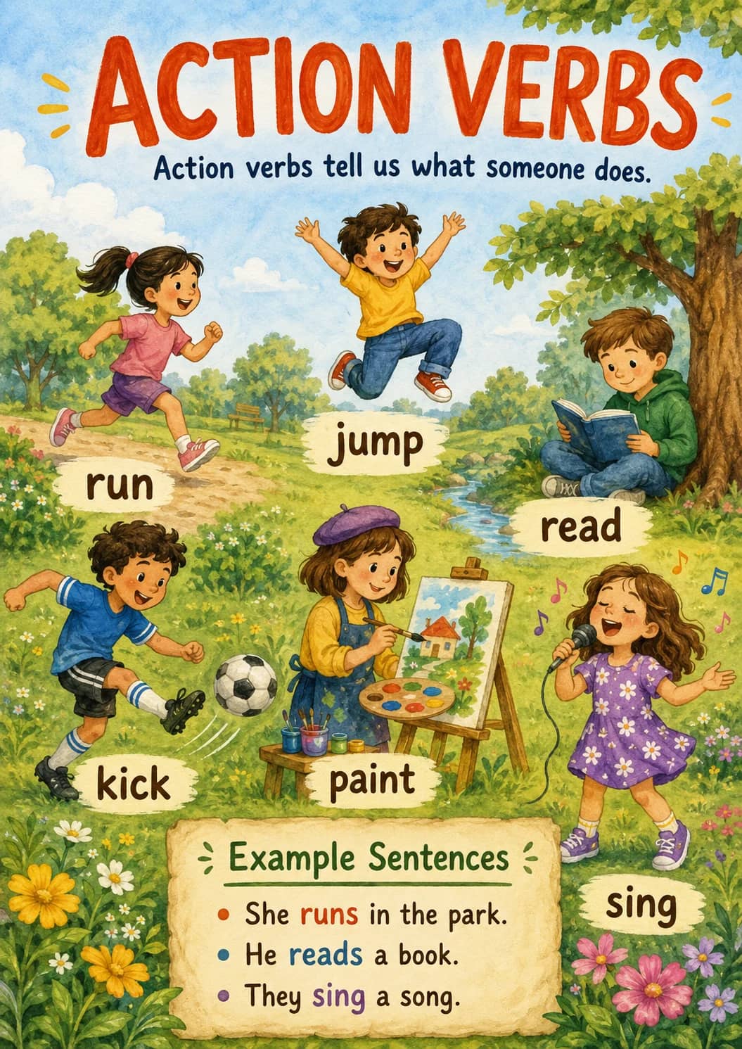 Action Verbs infographic poster showing Action verbs tell us what someone does., run, jump, read and kick for Verbs.