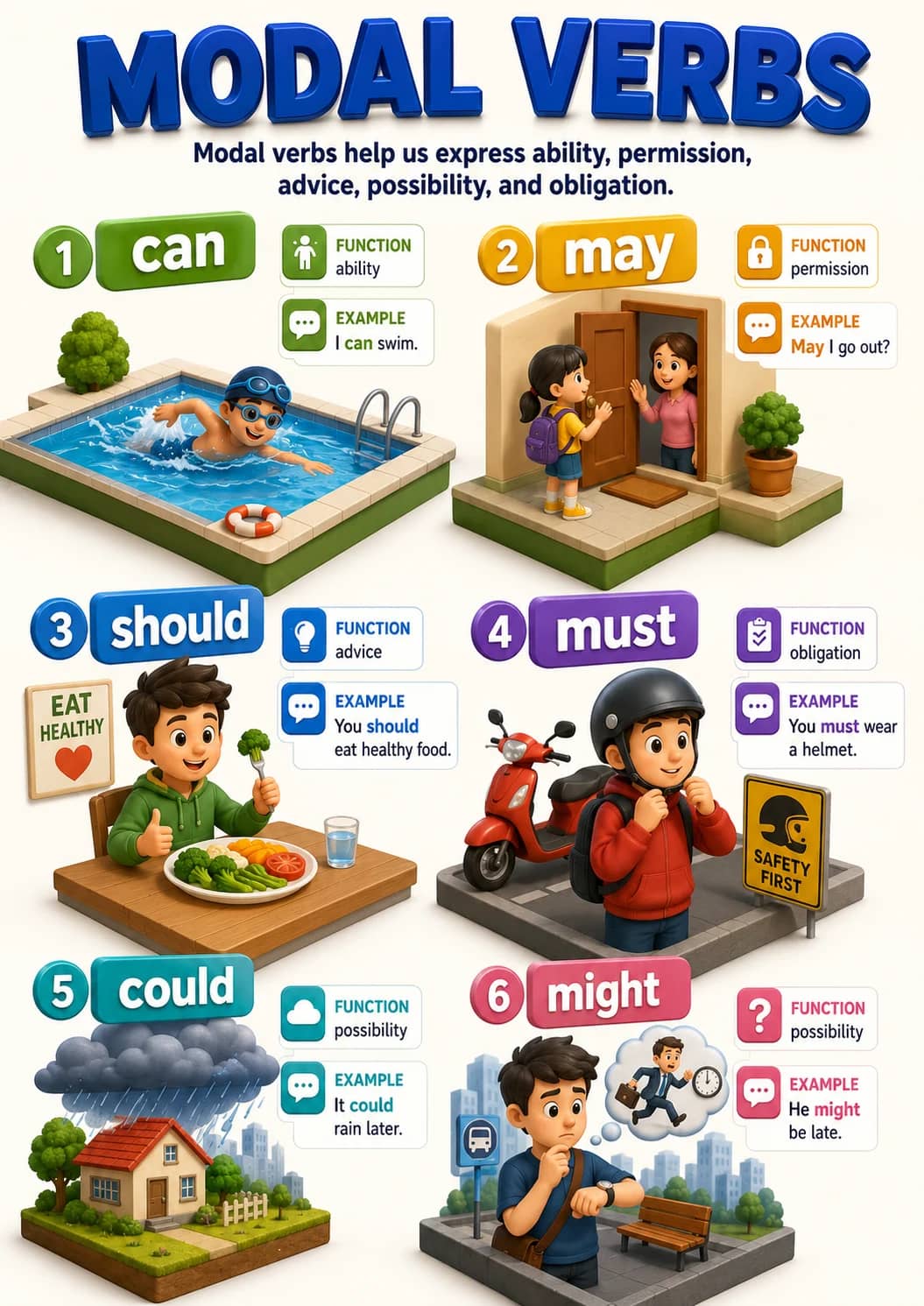 Modal Verbs infographic poster showing 1 can, FUNCTION, ability, I can swim. and 2 may for Verbs.