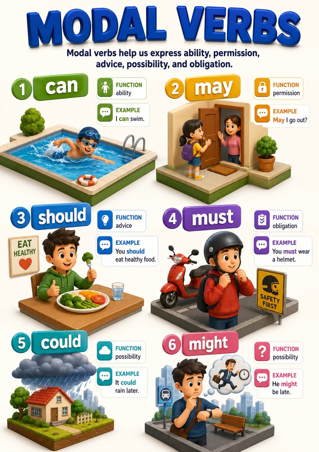 Modal Verbs infographic poster showing 1 can, FUNCTION, ability, I can swim. and 2 may for Verbs.