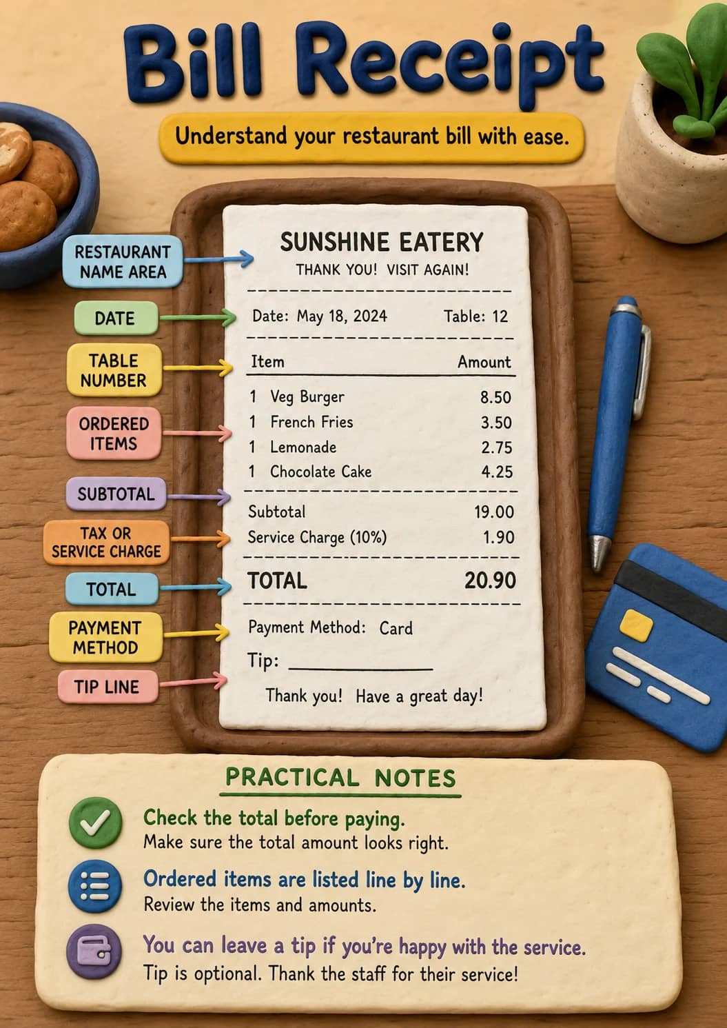 Bill receipt infographic poster showing Understand your restaurant bill with ease., RESTAURANT, NAME AREA, DATE and TABLE for Restaurant...