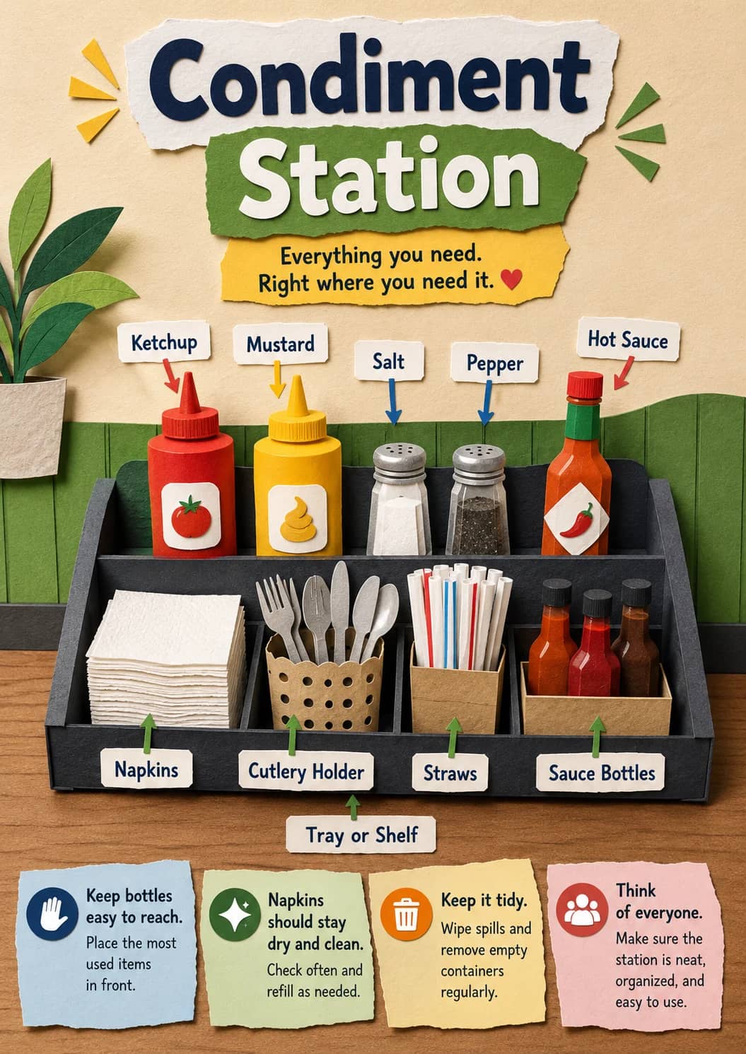 Condiment station infographic poster showing Everything you need., Right where you need it. ❤️, Keep bottles easy to reach., Place the...