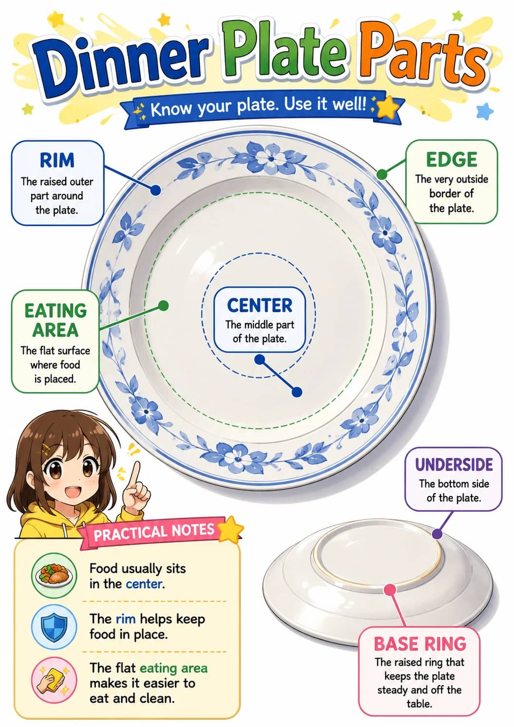 Dinner Plate Parts infographic poster showing Know your plate. Use it well!, RIM, The raised outer part around the plate., EDGE and The...
