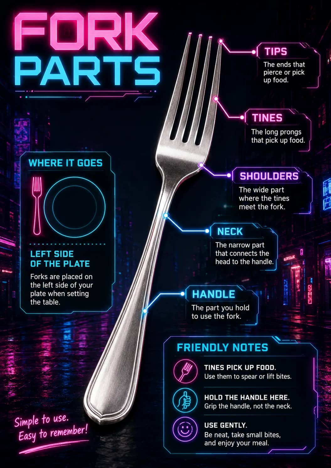 Fork Parts infographic poster showing WHERE IT GOES, LEFT SIDE OF THE PLATE, Forks are placed on the left side of your plate when setting...