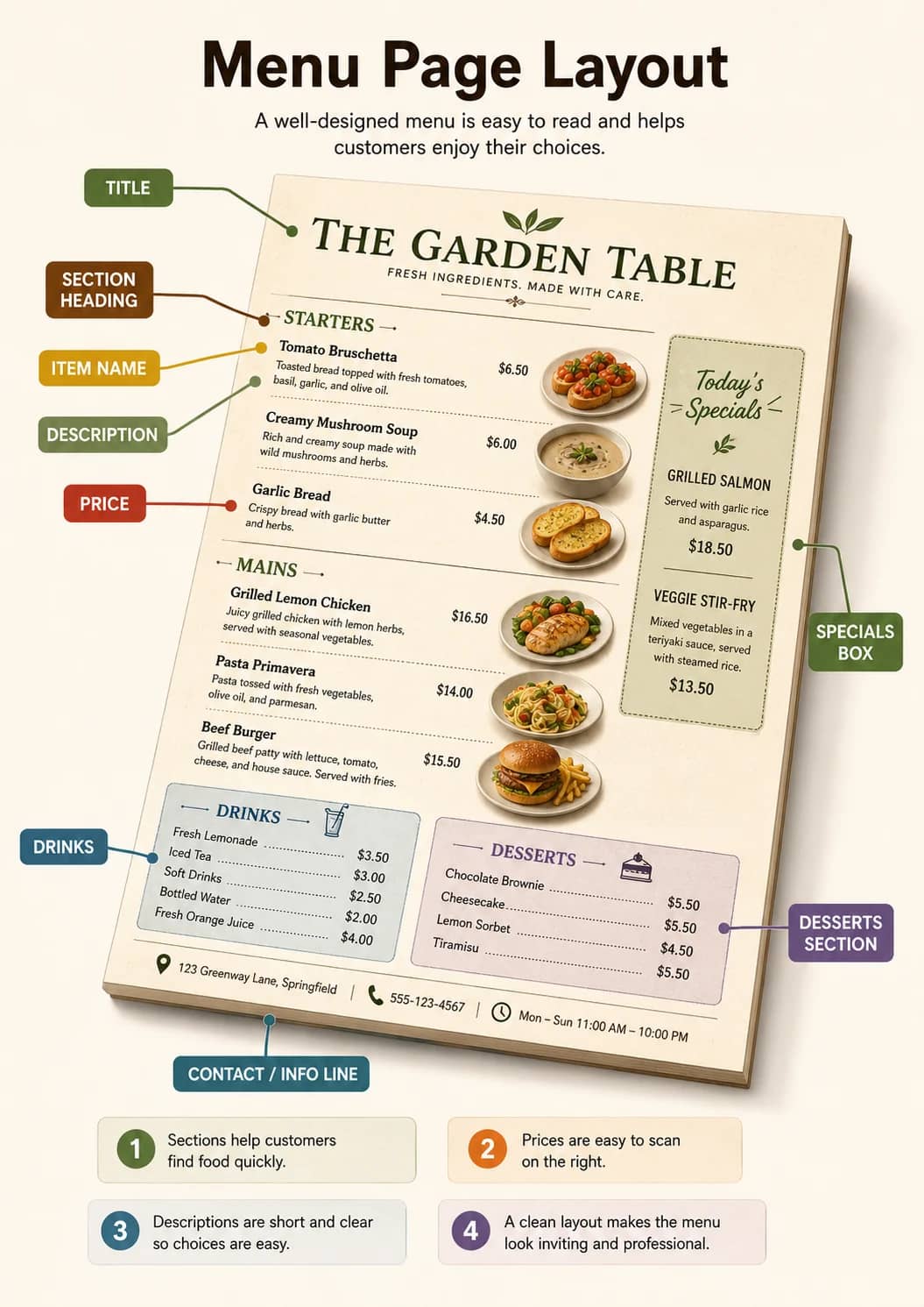 Menu page layout infographic poster showing A well-designed menu is easy to read and helps customers enjoy their choices., Sections help...