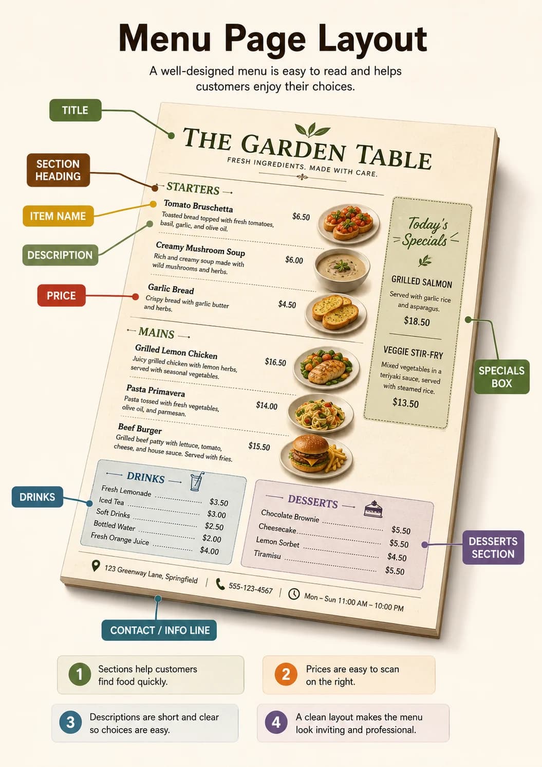 Menu page layout infographic poster showing A well-designed menu is easy to read and helps customers enjoy their choices., Sections help...