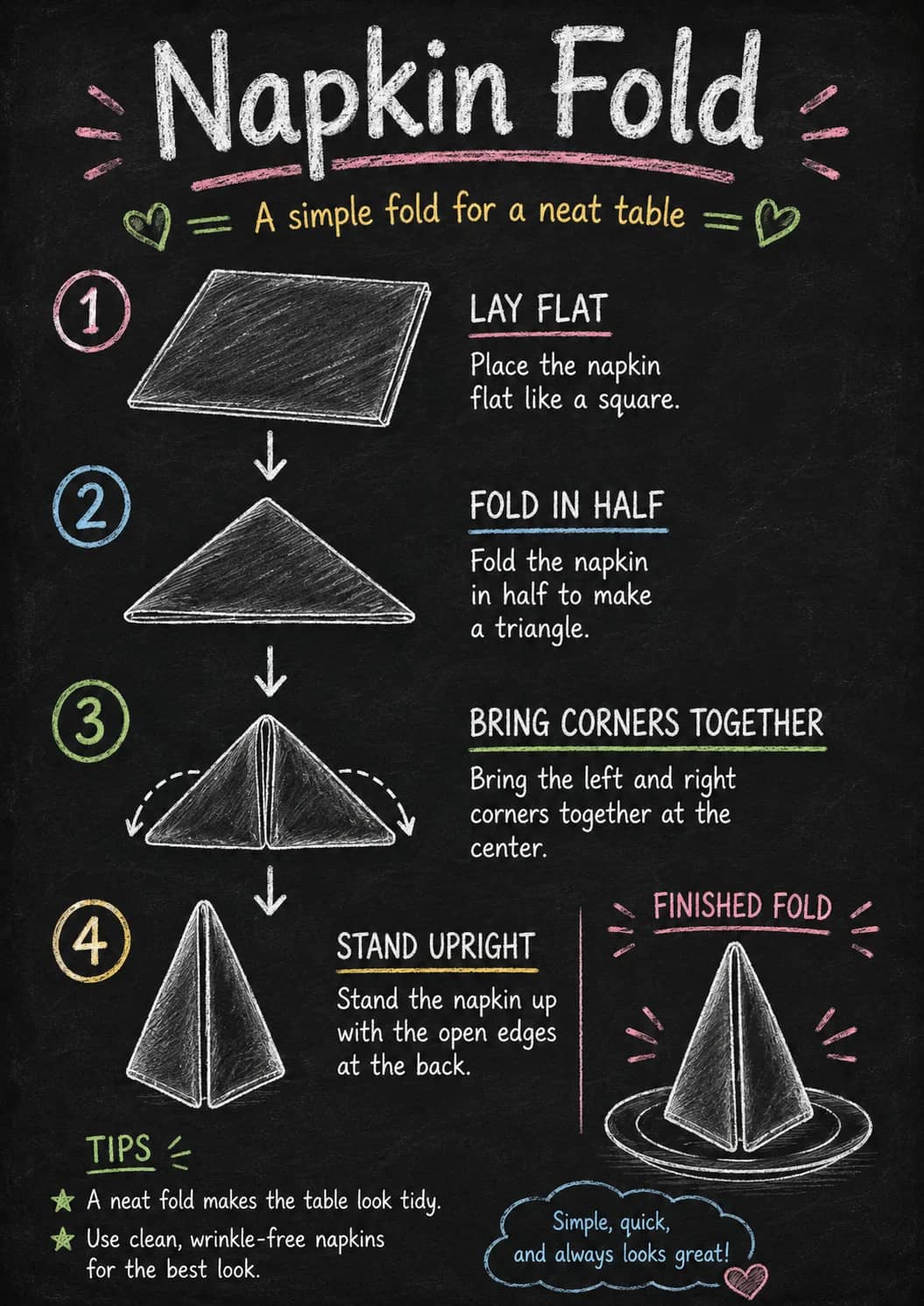 Napkin fold infographic poster showing A simple fold for a neat table, LAY FLAT, Place the napkin, flat like a square. and FOLD IN HALF...