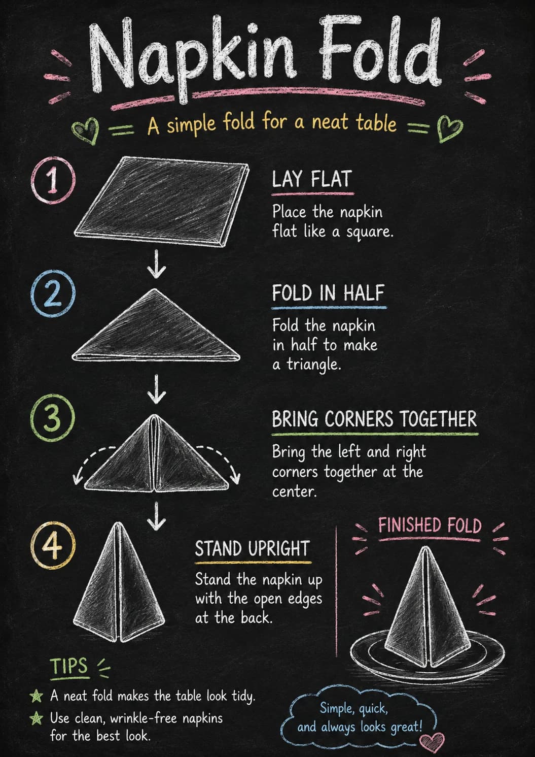 Napkin fold infographic poster showing A simple fold for a neat table, LAY FLAT, Place the napkin, flat like a square. and FOLD IN HALF...