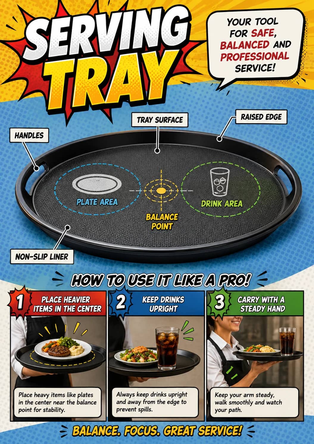 Serving tray infographic poster showing YOUR TOOL, FOR SAFE,, BALANCED AND, PROFESSIONAL and SERVICE! for Restaurant Dining.