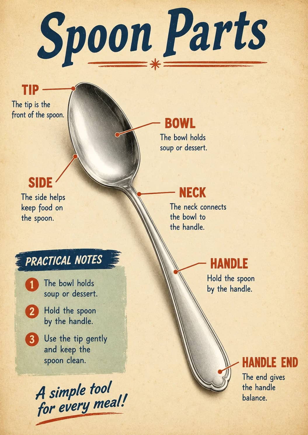 Spoon Parts infographic poster showing TIP, The tip is the, front of the spoon., BOWL and The bowl holds for Restaurant Dining.