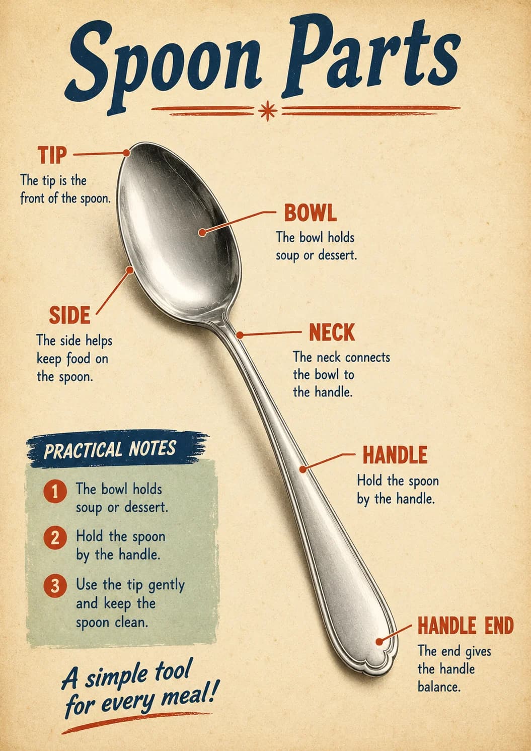 Spoon Parts infographic poster showing TIP, The tip is the, front of the spoon., BOWL and The bowl holds for Restaurant Dining.