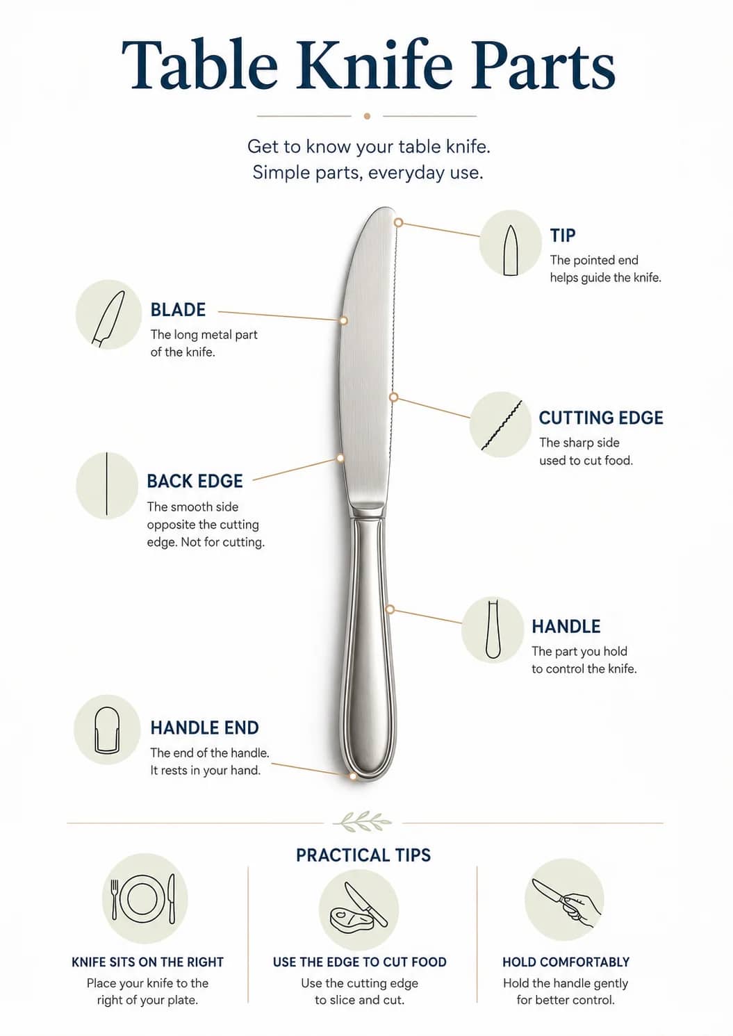 Table knife parts infographic poster showing Get to know your table knife., Simple parts, everyday use., KNIFE SITS ON THE RIGHT, Place...