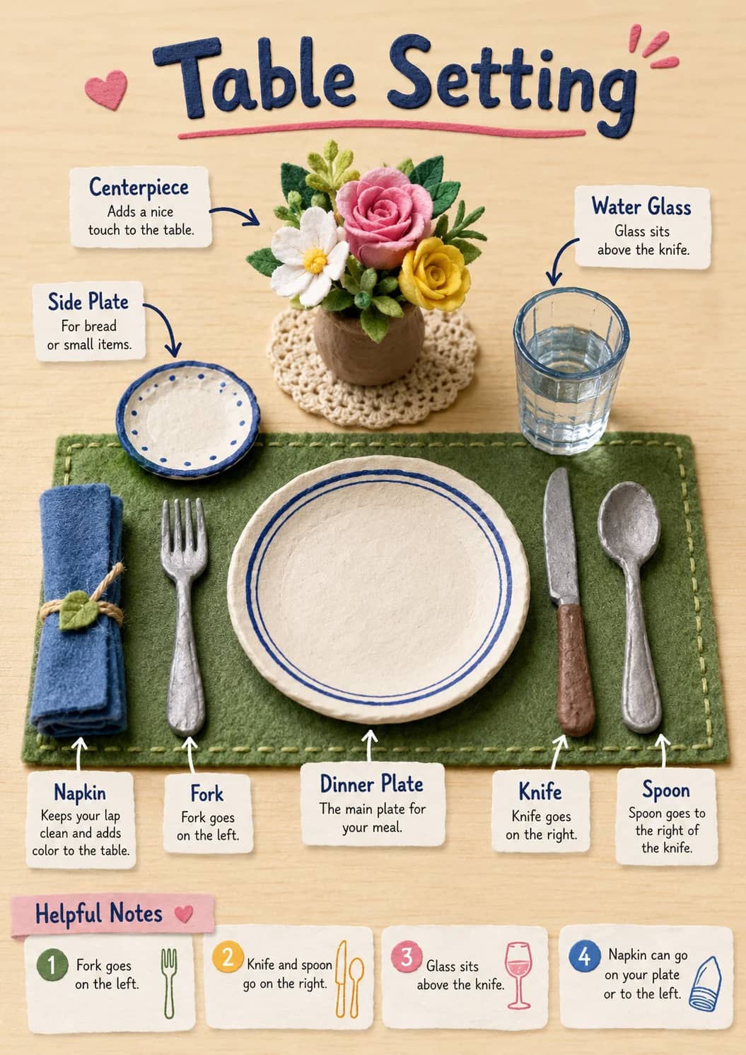 Table Setting infographic poster showing Centerpiece, Adds a nice touch to the table., Water Glass, Glass sits above the knife. and Side...