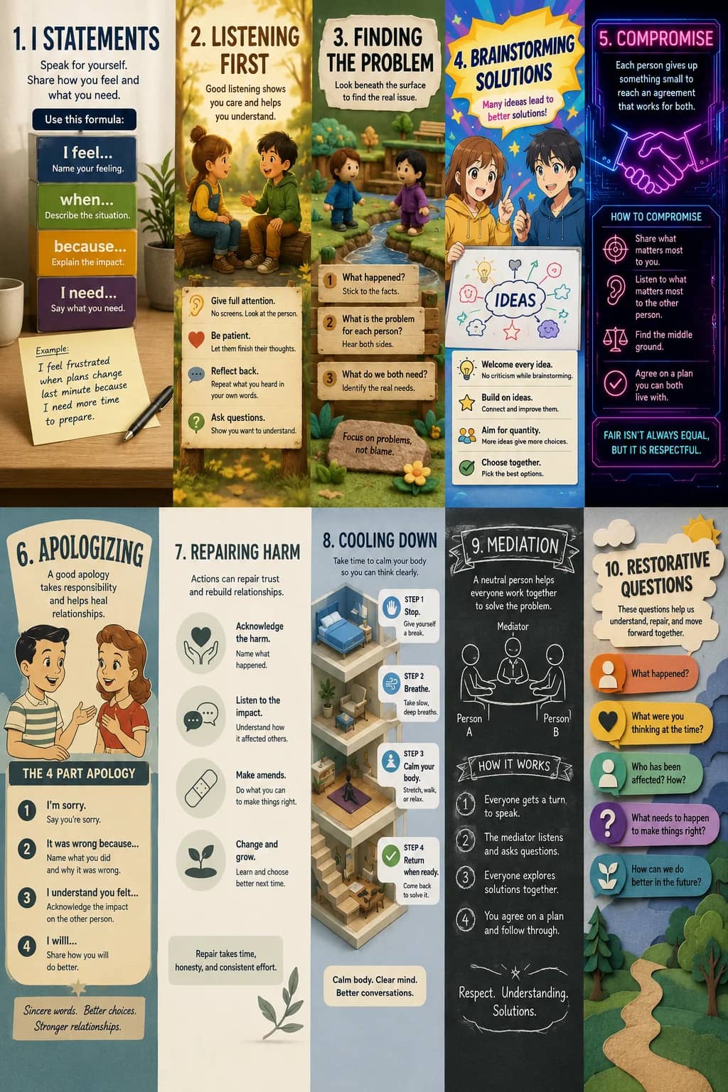 1. I Statements infographic poster showing Speak for yourself., Share how you feel and, what you need., Use this formula: and I feel......